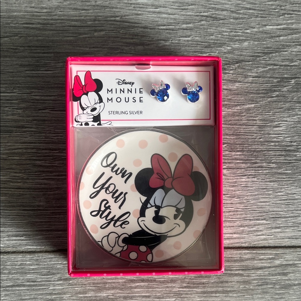 Disney Minnie Mouse Sterling Silver Earrings and Compact Set - Blue and Silver